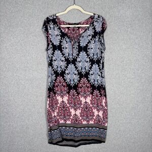 Papillon Dress Medium Navy Paisley Medallion Popover Neck Tie Resort Cruise Boho